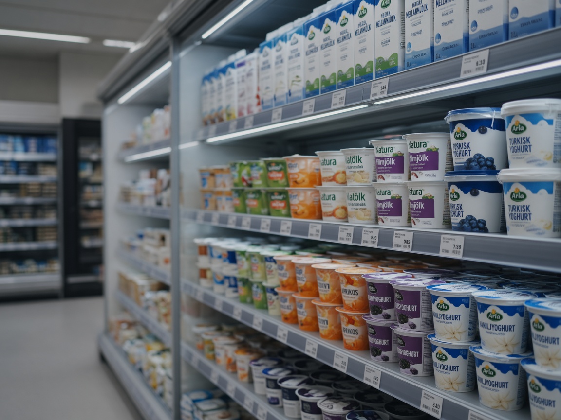 A quiet supermarket dairy aisle.
