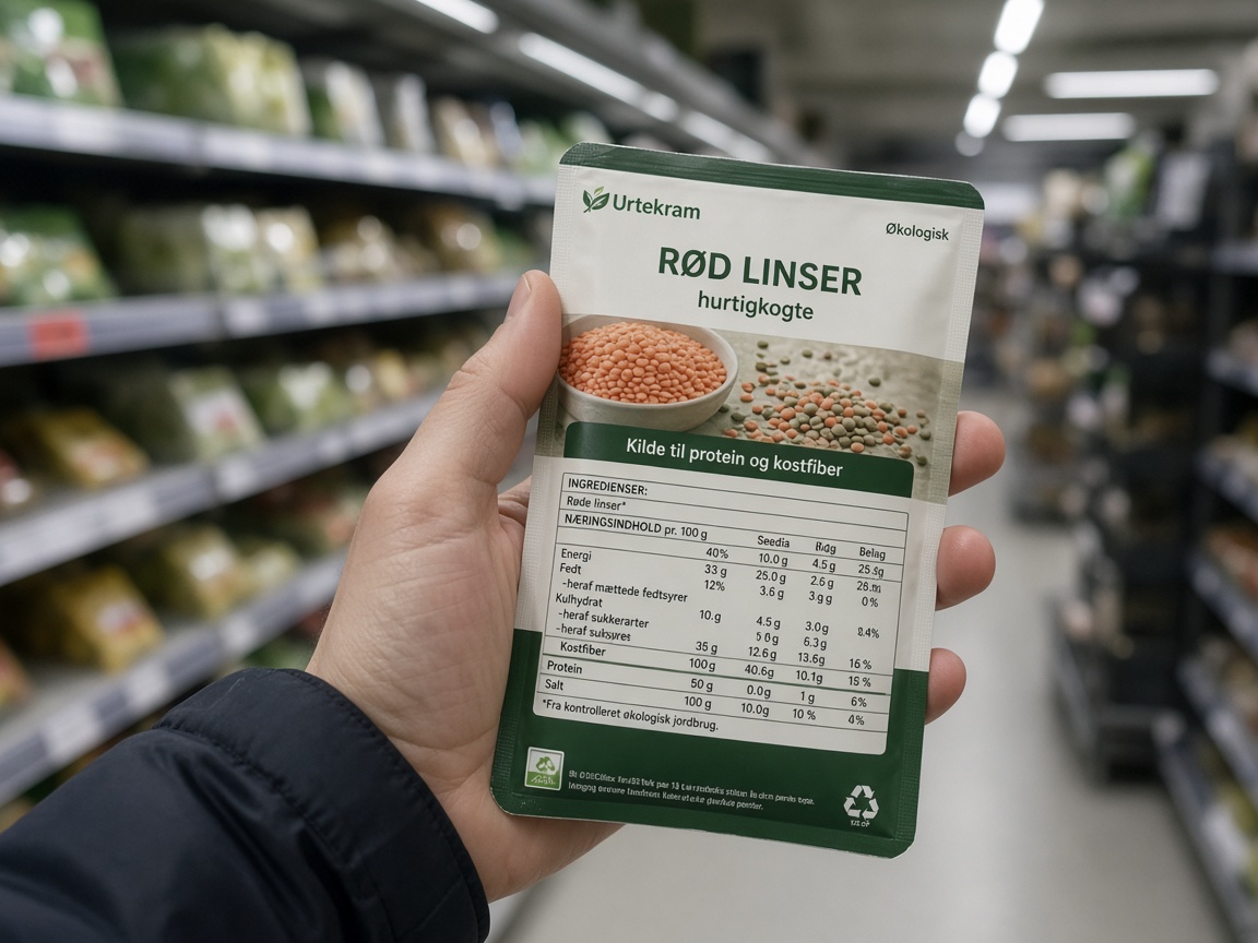 A shopper holding a packet in a supermarket aisle, reading the back of the pack.