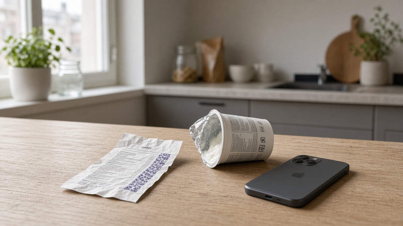 A kitchen table in daylight: a receipt, an open yoghurt, a phone face down.