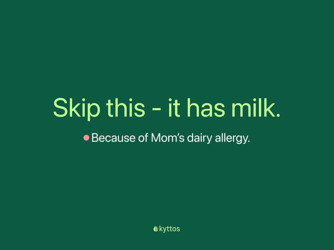 A quiet share card: Skip this — it has milk. Because of Leo's dairy allergy.